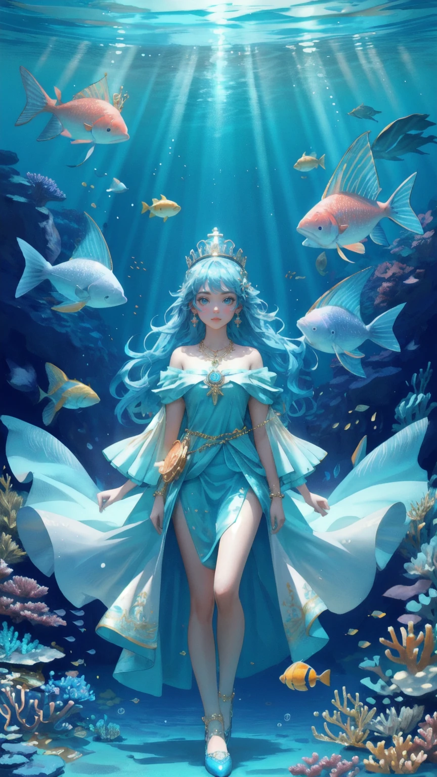 Generate an image featuring a blue-themed underwater kingdom, where a cute girl takes the place of the crowned sea creature. The girl, adorned with a crown and a golden necklace, stands proudly at the center, surrounded by an array of colorful corals and swimming fish. Above her, beams of light penetrate the water, highlighting the grandeur of the scene. Bitcoin coins and digital currency symbols should be subtly integrated into the surroundings, enhancing the magical and opulent atmosphere of this underwater realm.