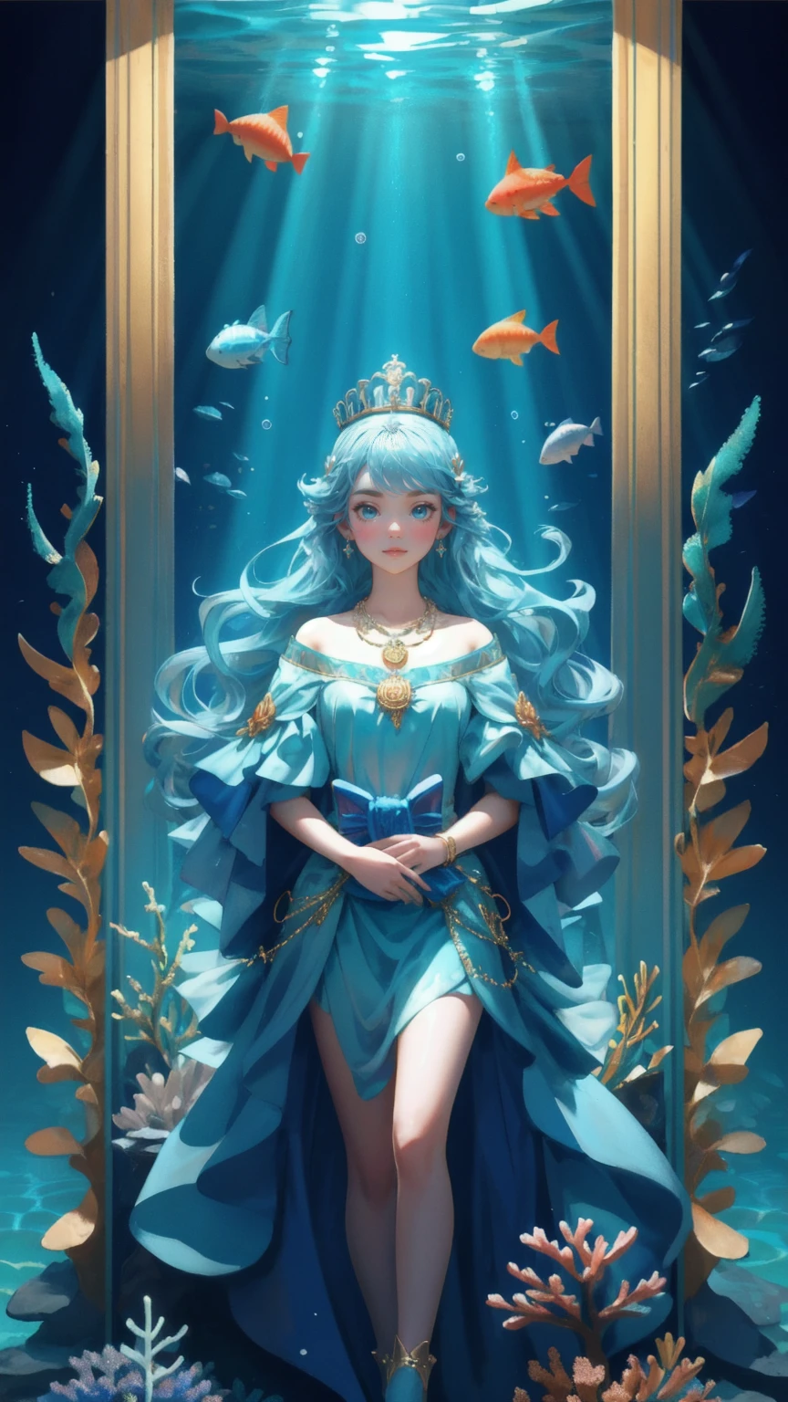 Generate an image featuring a blue-themed underwater kingdom, where a cute girl takes the place of the crowned sea creature. The girl, adorned with a crown and a golden necklace, stands proudly at the center, surrounded by an array of colorful corals and swimming fish. Above her, beams of light penetrate the water, highlighting the grandeur of the scene. Bitcoin coins and digital currency symbols should be subtly integrated into the surroundings, enhancing the magical and opulent atmosphere of this underwater realm.