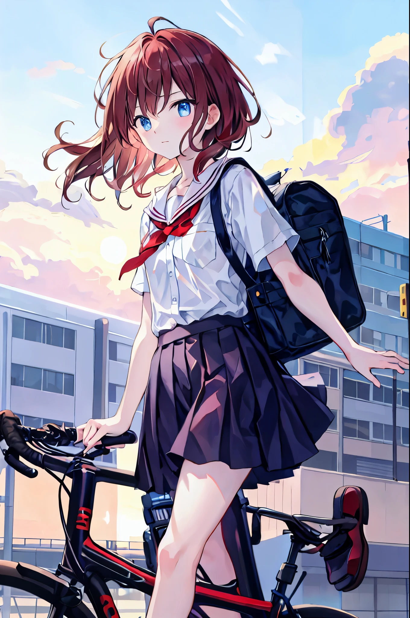 Highest quality, masterpiece, One person, Walking from school by bicycle, school uniform, sunset, Sweat, Button unbuttoned,Brown Hair,Shortcuts,Messy Hair,Slender beauty,Small chest,Beautiful feet,,