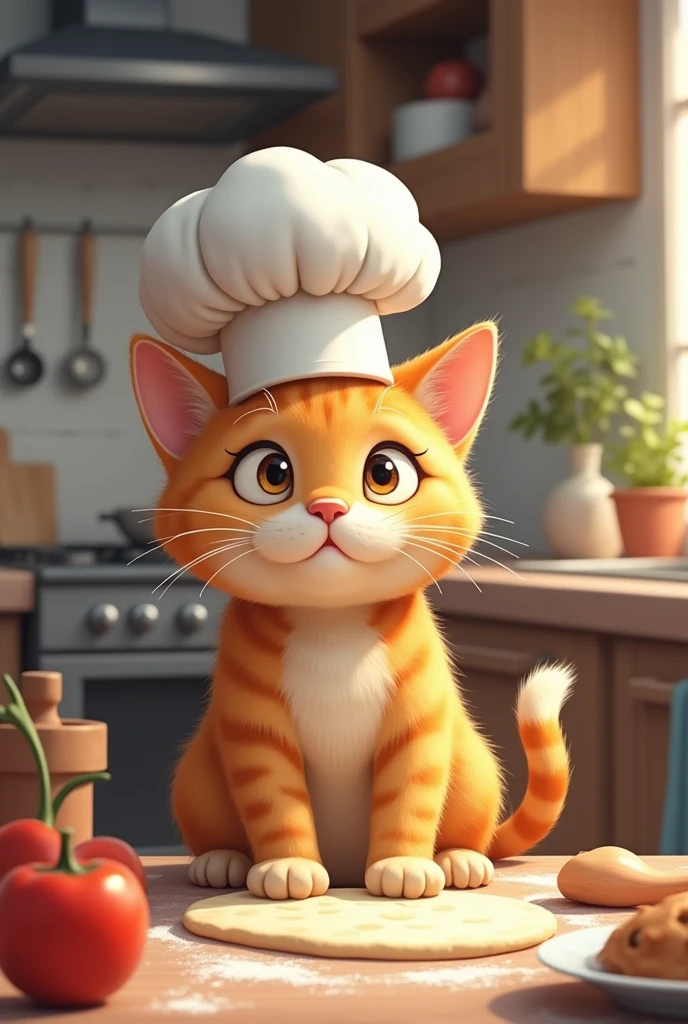 The mother cat put on her chef's hat and went into the kitchen to start rolling pizza dough.