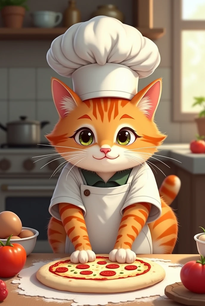 The mother cat put on her chef's hat and went into the kitchen to start rolling pizza dough.