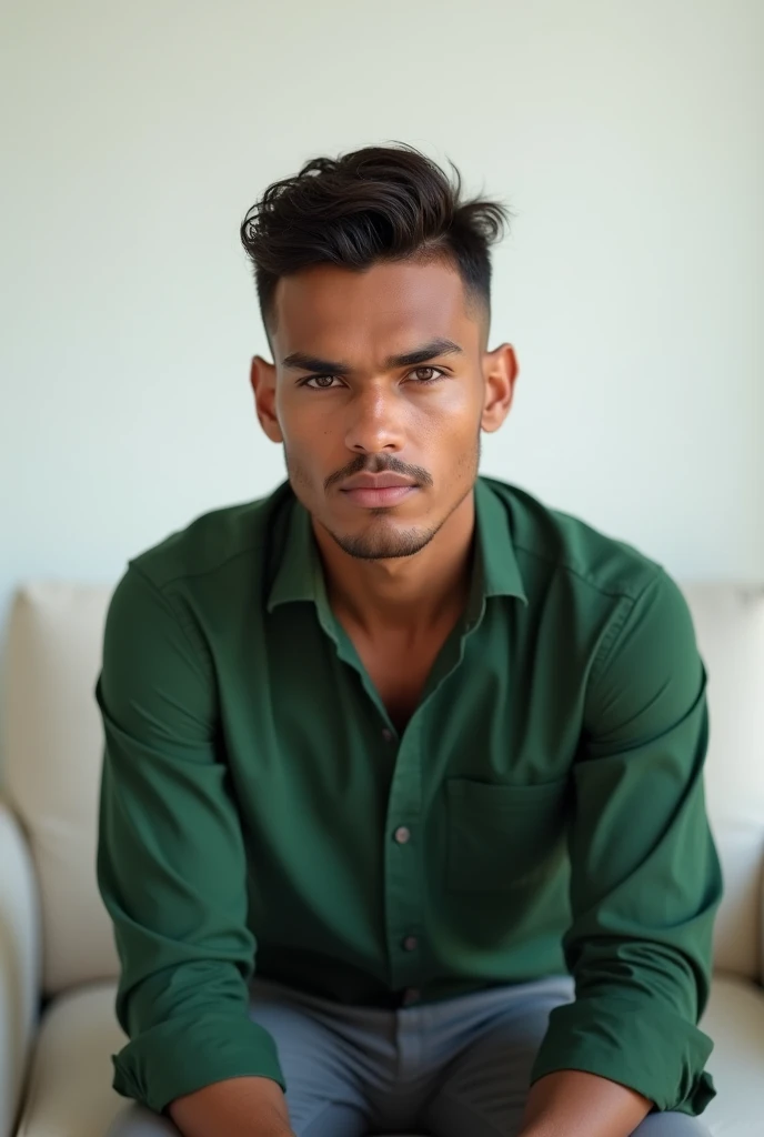 best qualityer:1.4), (ultra high resolution:1.2), (photorrealistic:1.4), (8k, CRU photo:1.2), a thin young man of 20 years old, brown skin, with a smooth, beardless face, with short hair, with shaved sides and a slightly curly top, similar to the fade or taper haircut style, green shirt with high collar, grey social pants, is sitting on a white sofa. the camera is focusing on your face. He has a seductive face for the camera. You are in a photography studio with a white background