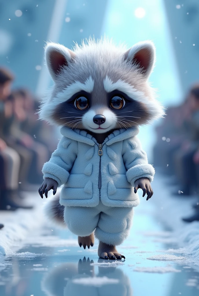 A captivating 3D rendering of an adorable fluffy baby raccoon spirit, dressed in an elegant snow and frost suit, walking down the runaway at a fashion show,