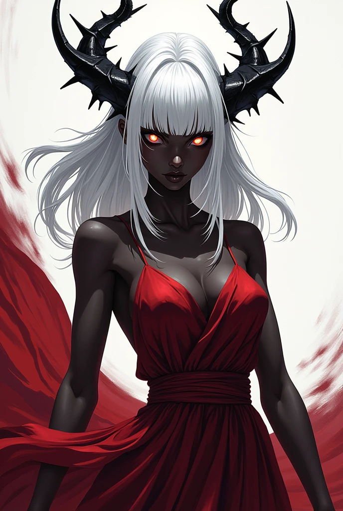 Un personnage féminin avec la peau noir mais la couleur noir, et des cheveux blanc les trait ressorte en blanc pour qu'ont comprennent ont sont les contour puis des épines tout autour de sa tête avec une robe courte rouge bordeaux mais cette femme badass version anime les cheveux long tombant avec une frange les yeux blanc aussi, 

