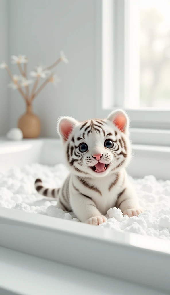A fat, white and cute little tiger baby, Very fat，pregnant，Big eyes, Cute and cuddly，Fluffy, Delicate and exquisite, Real little tiger，The expression is very cute and sticking out tongue is very cute，Play with real white foam in the bathroom，Pure white high-end bathroom background
