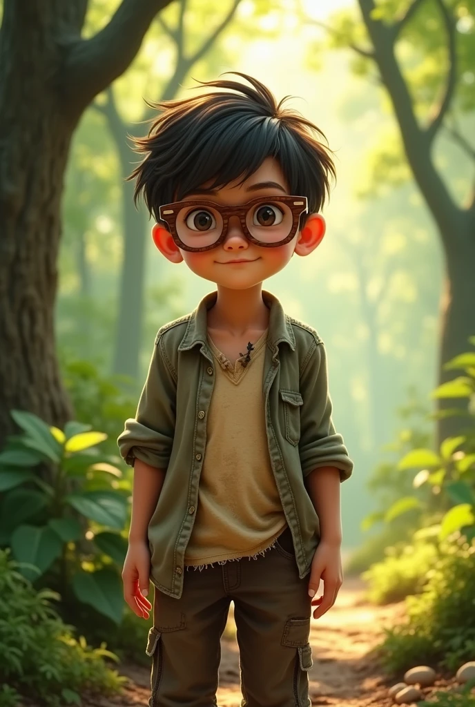 A boy stands with wooden glasses