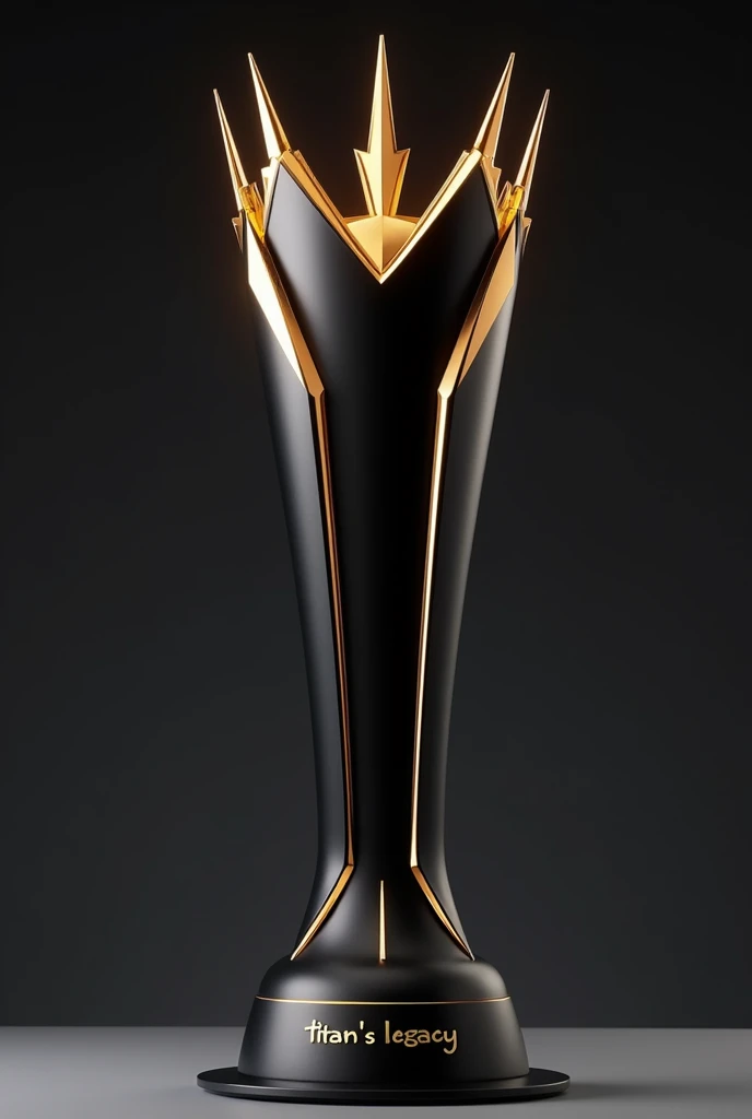 (photorealism:1.2)Style and Design:
Elegant and Futuristic: The trophy has a very stylish design with clean, sharp lines that give it a modern and futuristic look..
Elongated Shape: The structure is tall and thin, which gives it an imposing presence. Vertical and angular lines accentuate this feeling of height..
Colors and materials:
black and gold: The trophy combines dark colors, predominantly black, with details in a matte gold tone. This creates a strong and elegant visual contrast..
Glossy surface: The finish appears to be smooth and matte., which suggests that the trophy is made with a 3D printer,
Visual Elements:
Lightning and Spikes: On top of the trophy, There is a crown fused between that of a king and a queen. With a ray that seems to emanate from the center, giving you a feeling of energy and power, as well as elegance Conical base and rock shape : The base is wider and conical., providing stability to the design. It is designed in a way that it flows into the body of the trophy without interruptions..
Text:
"TITAN'S LEGACY": The text on the base of the trophy is written in a clean, modern font style., in a golden tone that stands out against the dark base.
made with 3d printer