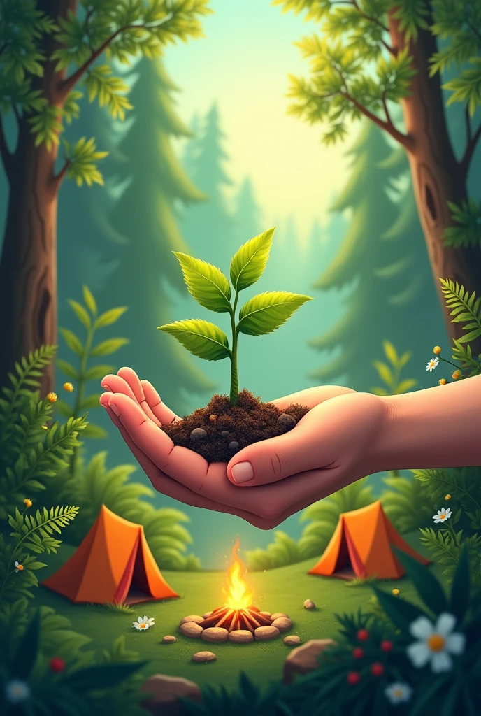 create a design that contains a combination of reforestation activities and group camping activities with the design focus in the middle of a hand holding a tree seedling
