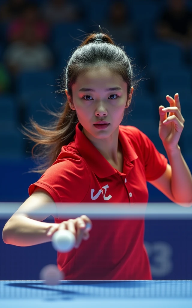 Chinese female table tennis players，18-year-old beauty，Fair skin，Charming，beauty，Bright Lights，The competition is intense and exciting，Olympic Games finals as background