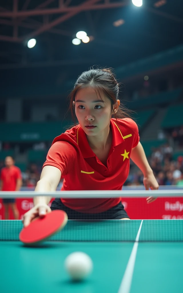 Chinese female table tennis players,18-year-old beauty,Fair skin,Charming,beauty,Bright Lights,The competition is intense and exciting,Olympic Games finals as background