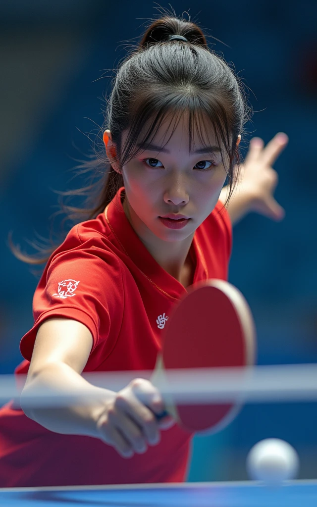 Chinese female table tennis players，18-year-old beauty，Fair skin，Charming，beauty，Bright Lights，The competition is intense and exciting，Olympic Games finals as background