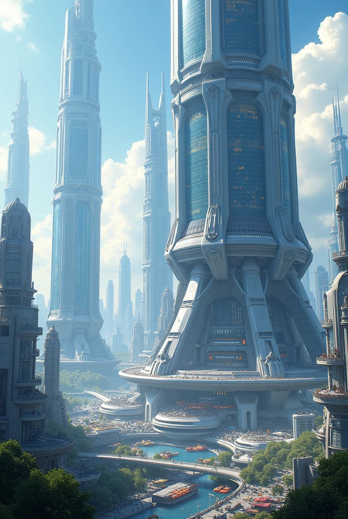 Illustrates a megametropolis 3 times the size of Manhattan in the year 2084 with super tall and modern skyscrapers called Fantasy World City 