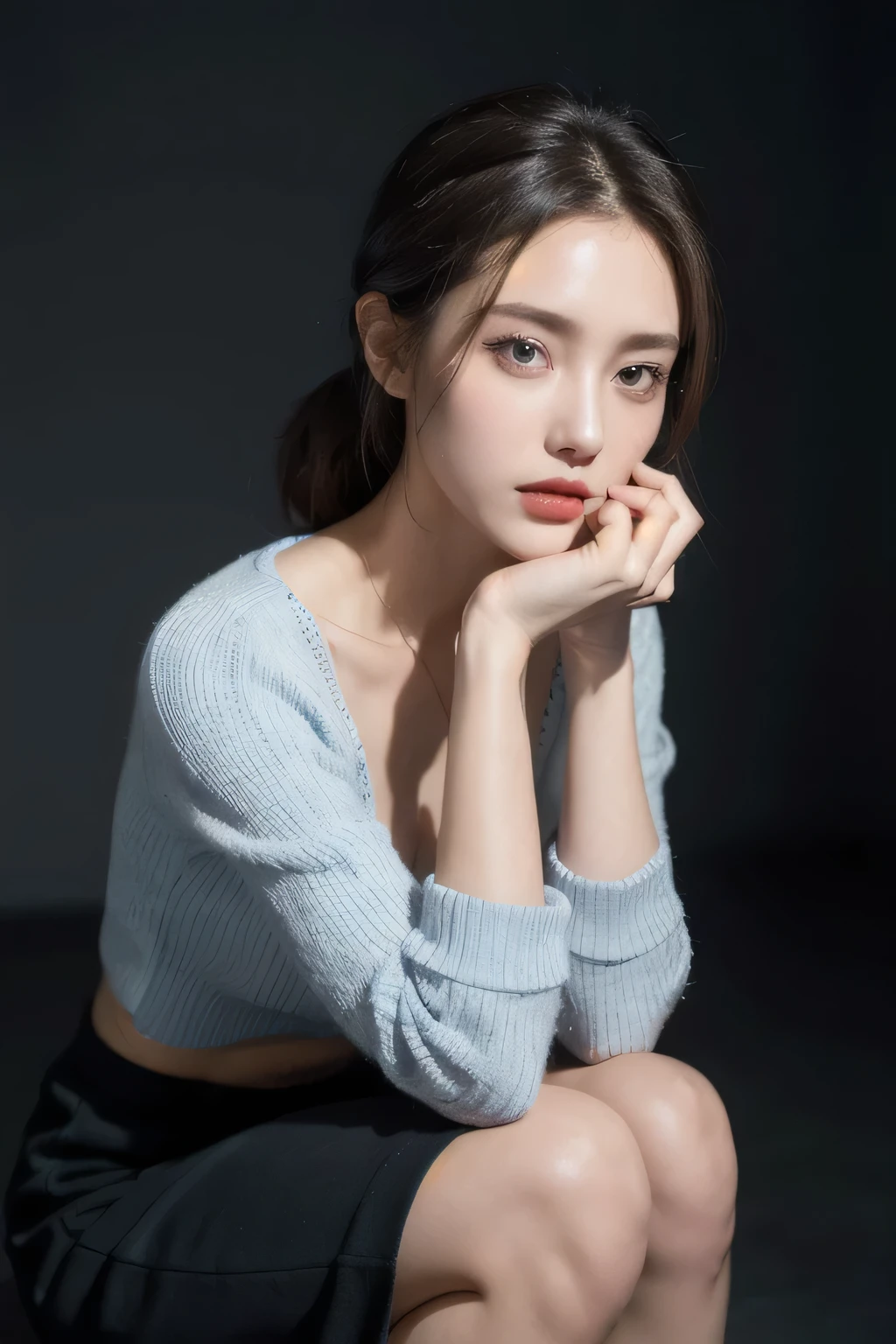 One person, Slim face, Piercing blue eyes, Brunette, Tie your hair up, thin:1.3,  body, Wearing a thin knit sweater, Dark colored high-length short skirt, Put your hands on your knees, View your viewers, (Eye-level shot, Cowboy Shot),
break
(Highest quality:1.3, masterpiece:1.3), (Realistic, photo Realistic:1.2), High resolution, 超High resolution, 8k, (Realistic skin, Smooth, lustrous skin), (Normal expression, Perfect Anatomy),Large Breasts:1.5,