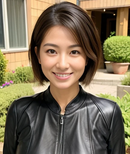最high quality, 8k, Vibrant, Sharp focus, high quality, High resolution, Middle-aged women, Mature Woman, 55 years old, (Whole Body Ezbian), (High heels face detail, Highly detailed eyes, Plump figure、Plump face、((big 1.6))、(((Large Breasts)))、((Black leather clothing))、garden、Random Hairstyles、A kind smile、
