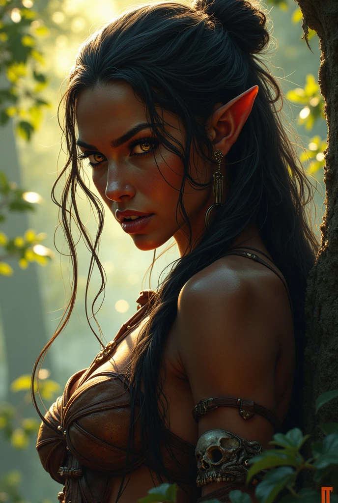 close up:1.3, (masterpiece:1.5),(Best Quality:1.6), (ultra high resolution:1.4), strong and robust black skinned female warrior, dynamic pose, with shoulder pads and leather bones, large and sharp fangs, leather belt with a skull , loincloth, detailed illustration, Intricate, Idyllic, magical elves in the forest:1.5, landscape, Vibrant colors, sunrise, sun rays passing through the trees, leaves falling from the trees, dew on leaves and plants, clouds, (( magical, beautiful, from another world, trees:1.4 )), (( Best Quality, Vibrant, 32K, clear, well-defined shadows)).(Best Quality,4k,8k,high resolution,masterpiece:1.2),ultra detailed,(realist,photorealist,photo-realist:1.37),Very detailed face,extremely detailed facial features,hyper realist skin texture,extremely fine details,intricate details,detailed eyes,detailed nose,detailed lips,Detailed facial expressions,intricate facial anatomy,intense lighting,Dramatic lighting,changing lighting,cinematic lighting,chiaroscuro lighting,dramatic shadows,Dramatic moments,vivid colors,intense colours,Deep contrast,cinematic depth of field,cinematographic composition,cinematic camera angle