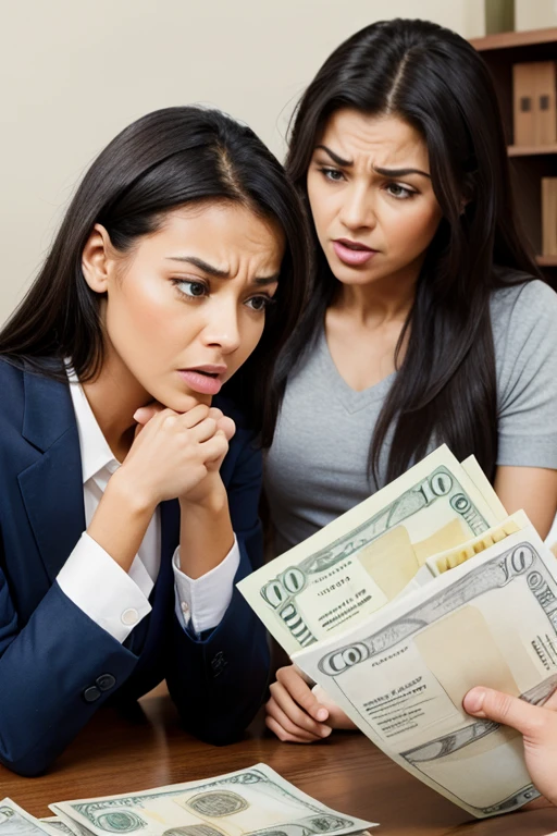 A couple arguing over a stack of bills with frustrated expressions.