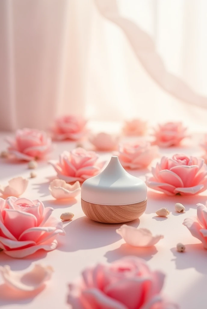 Clean bright background,Rose petals scattered around,Essential oils used in aromatherapy diffusers,Create a different atmosphere