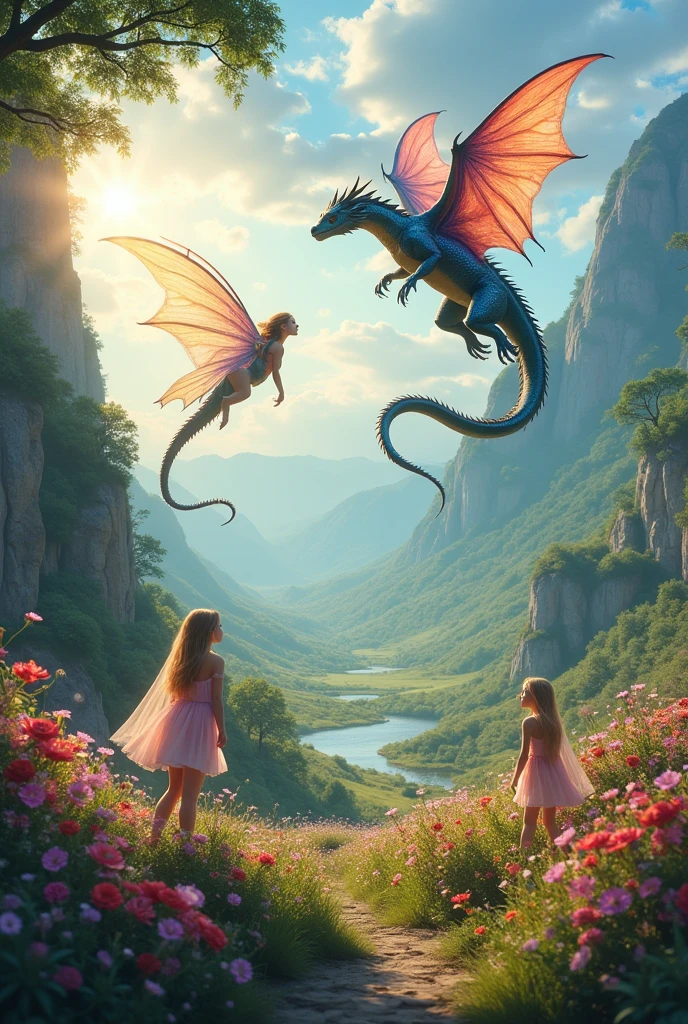 An elemental fae kingdom with dragons and fairies, flowers all around