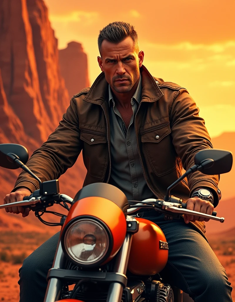 brutal ,handsome guy crew cut hair in a brown leather jacket, sitting on an orange luxury motorcycle, red mountains on the background , warm orange atmosphere 