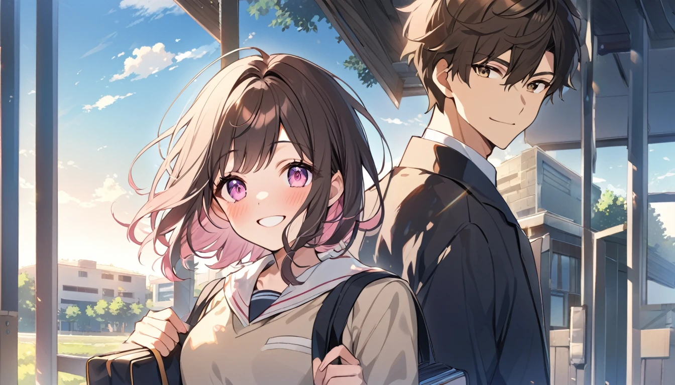 good looking,high school student,1 male,1 female,Medium Hair, Dark brown hair, Pink highlights on the tip, Pale pink eyes,Smile Facial,Blue Sky Morning,Light of the sun,seihuku,Going to school