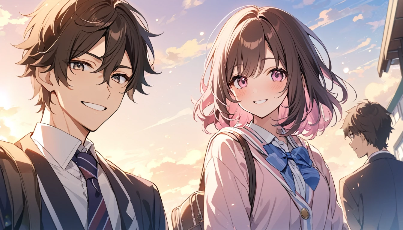 good looking,high school student,1 male,1 female,Medium Hair, Dark brown hair, Pink highlights on the tip, Pale pink eyes,Smile Facial,Blue Sky Morning,Light of the sun,seihuku,Going to school