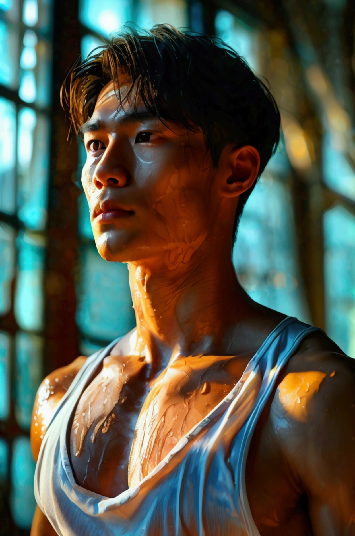 a handsome Asian man, he is wearing a springy white tank top, wet, standing on his back showing his ass, dramatic lighting, hyper-realistic, 8k, high quality, intricate details, cinematic composition, glowing skin, dramatic atmosphere, moody lighting He stands together with very Handsome Asian Teen male, skinny full body, atmospheric, cute masculine square detailed face, short hair, dead inside, veined dick, unbuttoned shirt, bokeh, veined body ,create Taiwanese man who is in Full Body sitting naked with extra real erecting penis