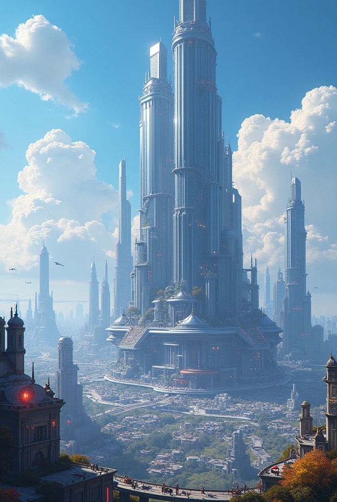 Illustrates a megametropolis 3 times the size of Manhattan in the year 2084 with super tall and modern skyscrapers called Fantasy World City