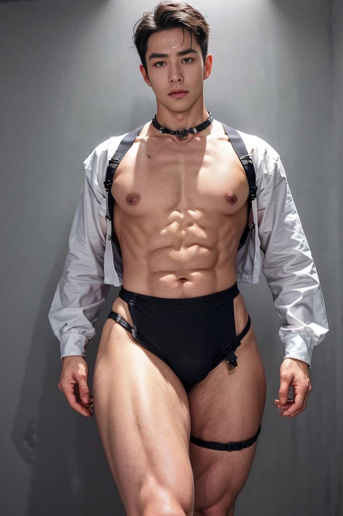(masutepiece,High resolution,ultra - detailed:1.0),1(man,Robot man),Perfect male body,Look at the camera,Delicate eyes and delicate face,extremely details CG,Unity 8k wallpaper,intricate-detail,solo person,Detailed face, (chest harness, garter straps, Harness strap, neck strap , micro string thongs), Best Quality, hands visible, Gloves, short hair:1.5 , full length shot(fls) , big thighs , insane details, hyper details ,16k resolution , ultra-high clarity , hyperrealism, uhd,(K-pop idol shooting porn magazine cover photo), thick thighs, male , ((unrealistic wide hips , unrealistic wide pelvis , plump hips)), ((only man , only male)) , ((ultra realism , ultra photorealism)) , (sexy , eroticism , nsfw) , mature man , pectoral , ((superstar)) , kinky , snake eyes , narrow waist , snatched waist
