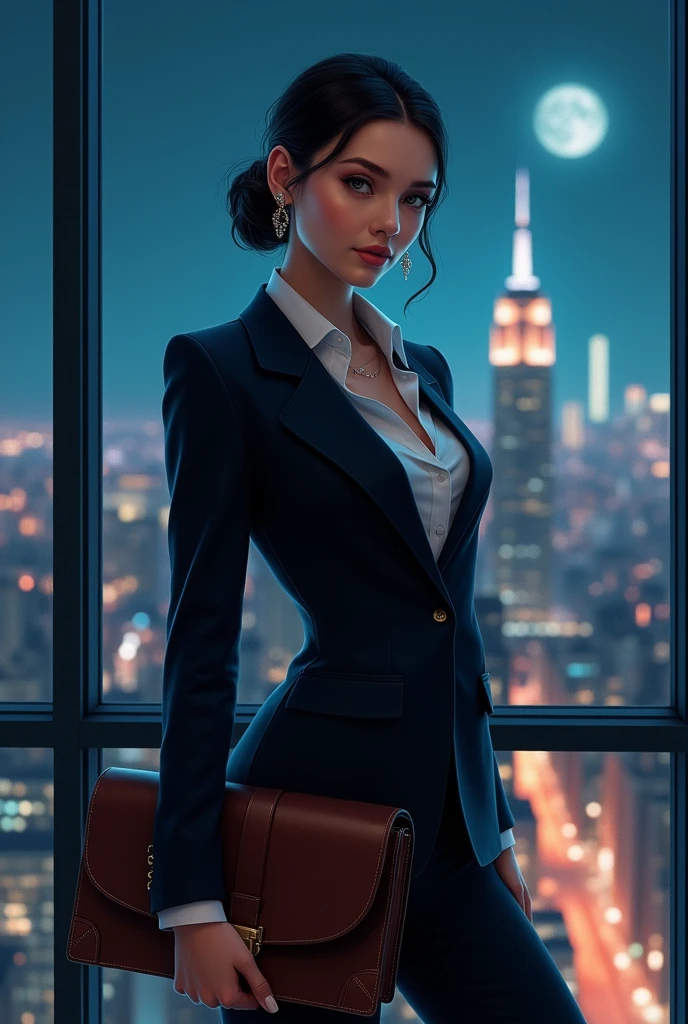 In the office of a high-rise building、Elegant woman in a chic suit。She has a neatly styled hairstyle and delicate accessories.、In his hands he holds a luxurious leather briefcase。The city's night view spreads out in the background.、The moonlight coming through the window illuminates her.。