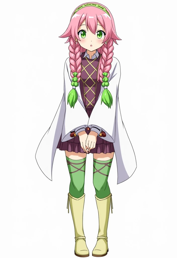 Anime style, Create an image of Mitsuri kanroji from deamon slayer, pink hair with green tips, large thick twin braids, the end of her braids are in green color, her fringes are in green color, large green eyes, hairs on forehead are green