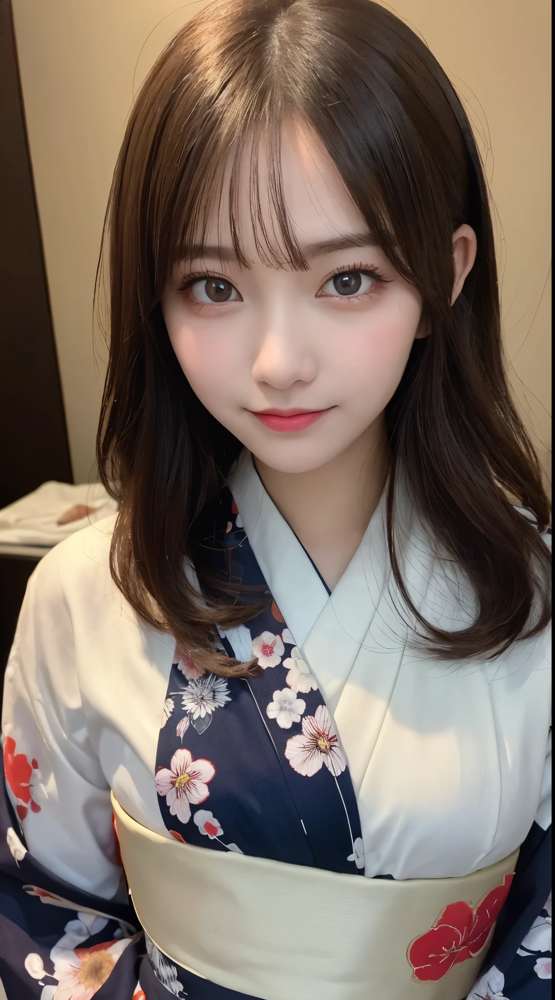 Highest quality, shape, Very detailed, In detail, High resolution, 8k wallpaper, Perfect dynamic composition, Beautiful attention to detail, ランダムなcute髪,,Natural color lip,smile、20-year-old girl、cute、常にBlur the background,Perfect and beautiful face,Photograph only the face,Beautiful and elaborate face、Slim face and shape,Big eyes、Putting on gal makeup,Blur the background,Blur the background,Face close-up、Real human skin,Detailed skin:1,4、RAW Photos、Actual photo、Bedroom、Twilight Room、Cosplayers(Oiran floral pattern kimono long dress)