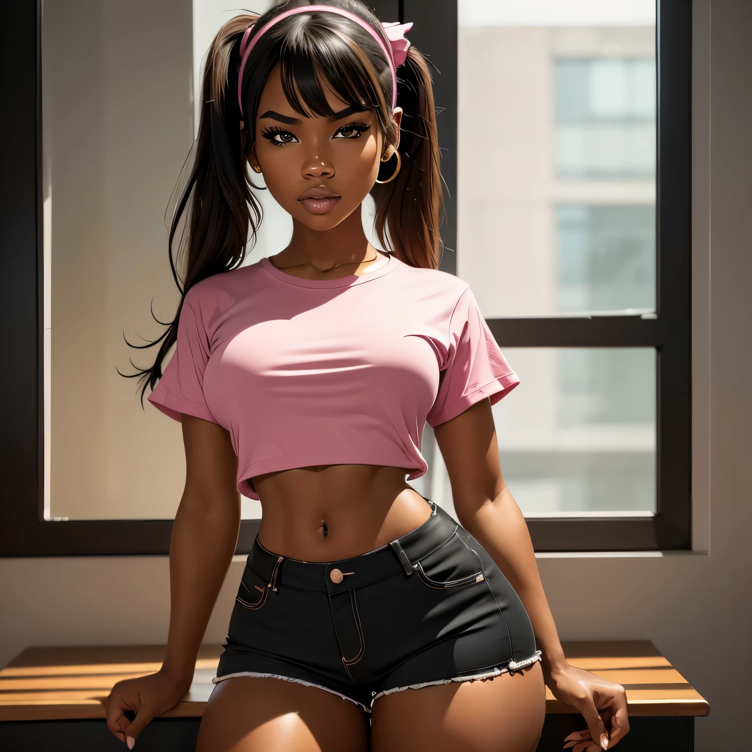 high quality, ebony girl, high resolution, volumetric lighting, underground dispersal, 8k, beautiful woman, (dark skin), Filipino, college student, 's uniform, (big-ass), breasts big, (pink tub top shirt), (cotton shorts:1.2), Wavy hair, pony tail, bangs, headband, hoop earnings, class room, pose sexy, seductively pose, 3/4 shot, cowboy shot, ((slim thick body:1.1)), 