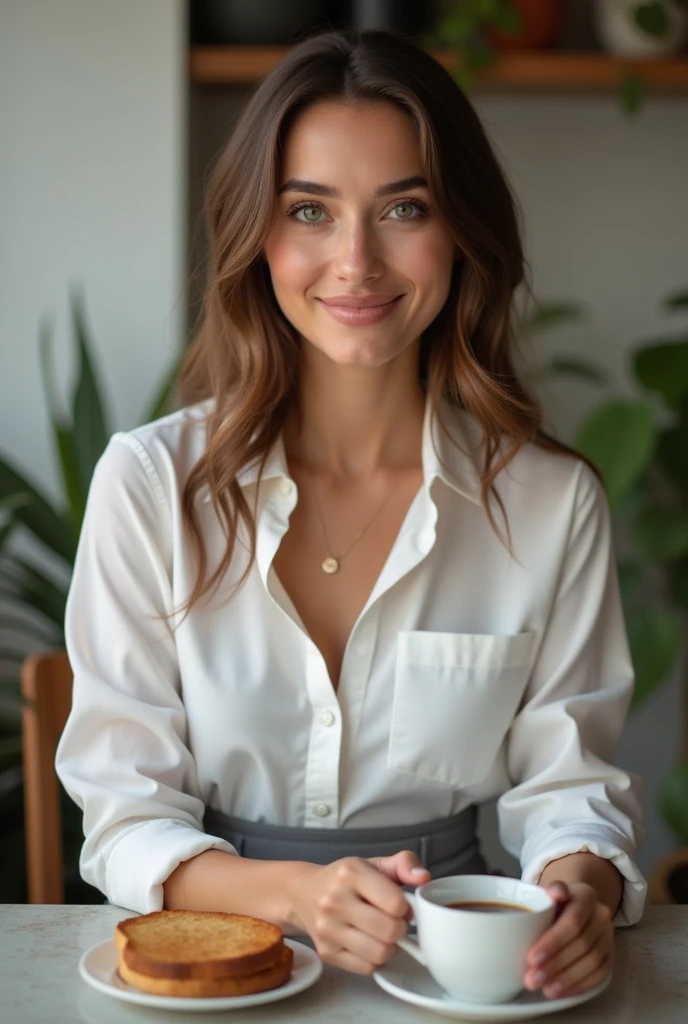 Lara Valentina, 22 years old, (piercing green eyes), is sitting at the kitchen table, enjoying a healthy breakfast. She wears an elegant formal outfit, consisting of a white, low-cut button-down blouse (no pocket), slightly fitted to the body, and a gray skirt, creating a professional and sophisticated look. Her light brown hair is loose, caindo suavemente sobre seus ombros. She holds a cup of coffee while smiling happily, while in front of you, on desk, there is a plate with toast. The soft morning light illuminates the scene, creating a welcoming and productive environment, ready for the start of a new working day, detailed facial features, detailed human anatomy, high quality, photorealistic, 8k, hyper-detailed, perfect lighting, cinematic composition, elegant, beauty, graceful, seductive, attractive, captivating