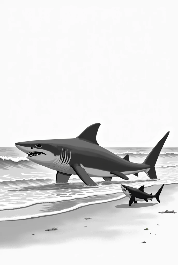 generates the black and white image to color of a megalodon and his son walking by the sea. that is simple and easy for a child 