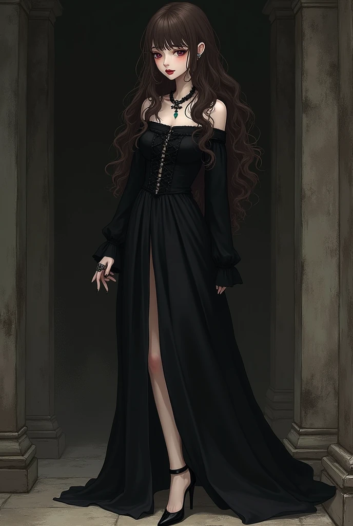 Woman with long brown curly hair, Curly bangs, Don&#39;t don&#39;t forget the round glasses. pale white, has small, slanted eyes with very bright eyeliner and a wine-red mouth.gothic outfit, Long robe, high heels. ancient art. She has a sad expression on her face.. Big and strong face. More curl and volume hair. Full body. In black and white, anime, drawing, Gloomy darkness, 
necklace, rings 