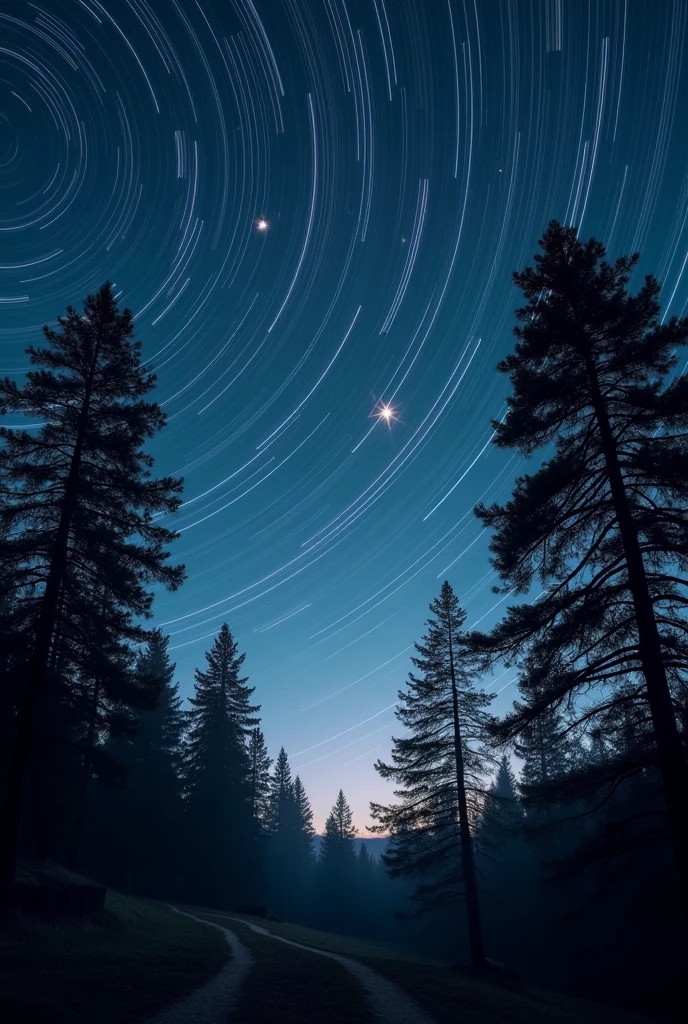 Star trails of few stars and Timelapse and background with trees