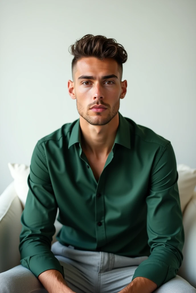 best qualityer:1.4), (ultra high resolution:1.2), (photorrealistic:1.4), (8k, CRU photo:1.2), A young man of 20 years old, skin black, with a smooth, beardless face, with short hair, with shaved sides and a slightly curly top, similar to the fade or taper haircut style, green shirt with high collar, grey social pants, is sitting on a white sofa. the camera is focusing on your face. He has a seductive face for the camera. You are in a photography studio with a white background 