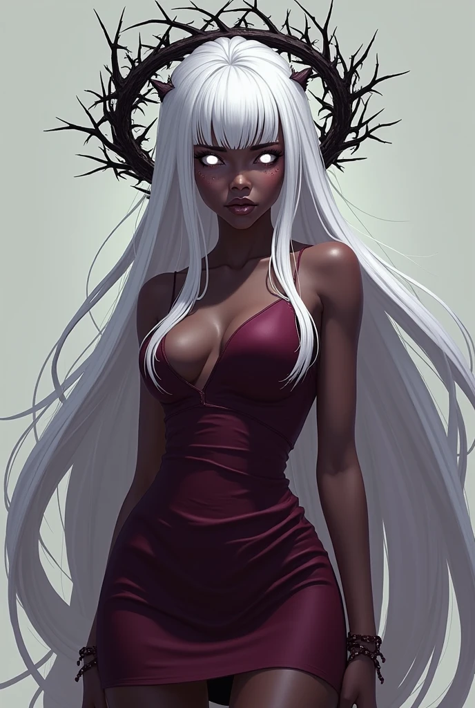 Un personnage féminin avec la peau noir mais la couleur noir, et des cheveux blanc les trait ressorte en blanc pour qu'ont comprennent ont sont les contour puis des épines tout autour de sa tête avec une robe courte rouge bordeaux mais cette femme badass version anime les cheveux long tombant avec une frange les yeux blanc aussi, des épine noir sur tout la tête le visage meme
