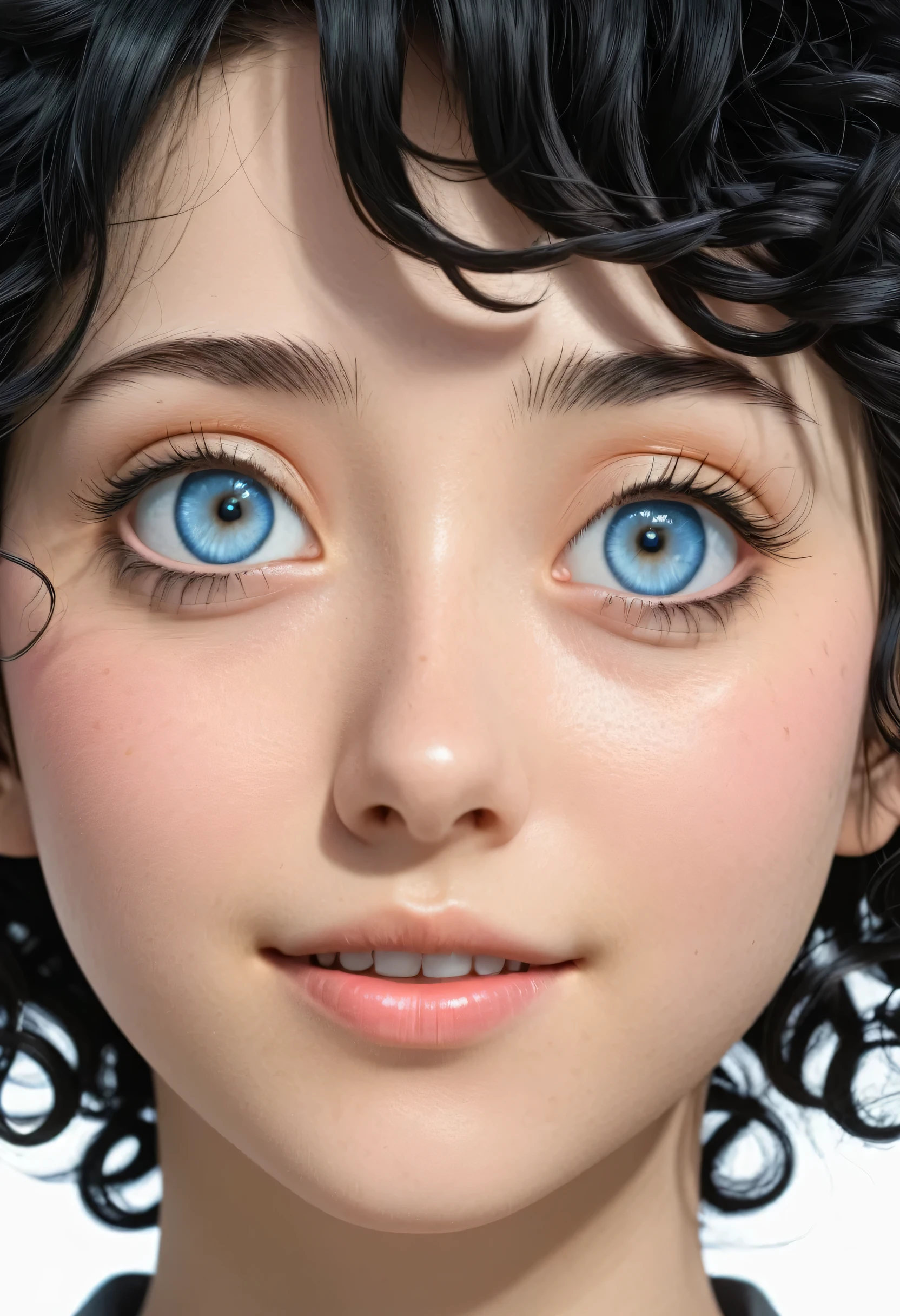Black hair, anime, ghibli, anime style, close up, from side, first-person perspective, 8k, super detail, masterpiece,super detail, high quality, high resolution, high detail, white background, face detail, happiness, curly hair, blue eyes