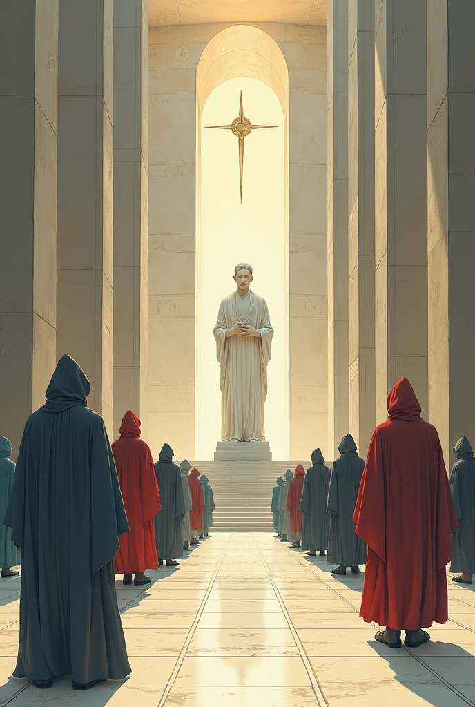 Create an image or poster-type illustration that shows the beliefs, purposes symbols and rituals of the atheistic religion 
