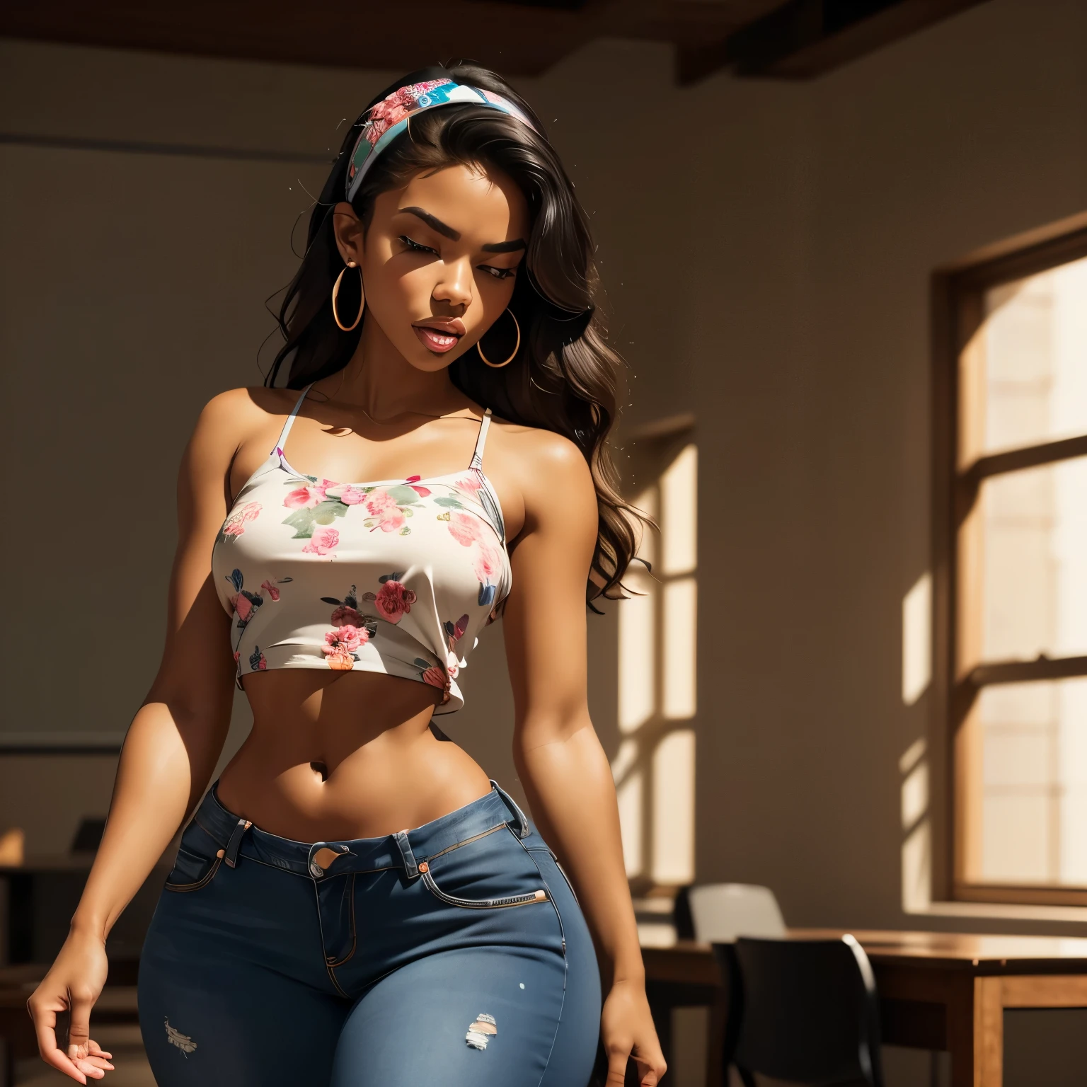 Masterpiece, high quality, 18 years old, high resolution, volumetric lighting, subsurface scattering, 8k, Beautiful woman, (dark skin), phillipino, college student, uniform, (floral top, jeans) wavy hair, headband, hoope earings, classroom, sexy pose, seductive pose, ((slim thick body:1.2)), thick thighs, round-butt, open mouth, big lips, screaming, orgasm, night time, eyes closed, Masterpiece, Professional lighting, 16k, 8k wallpaper, raw photo, photorealistic:1.8, ultra detailed, natural lighting