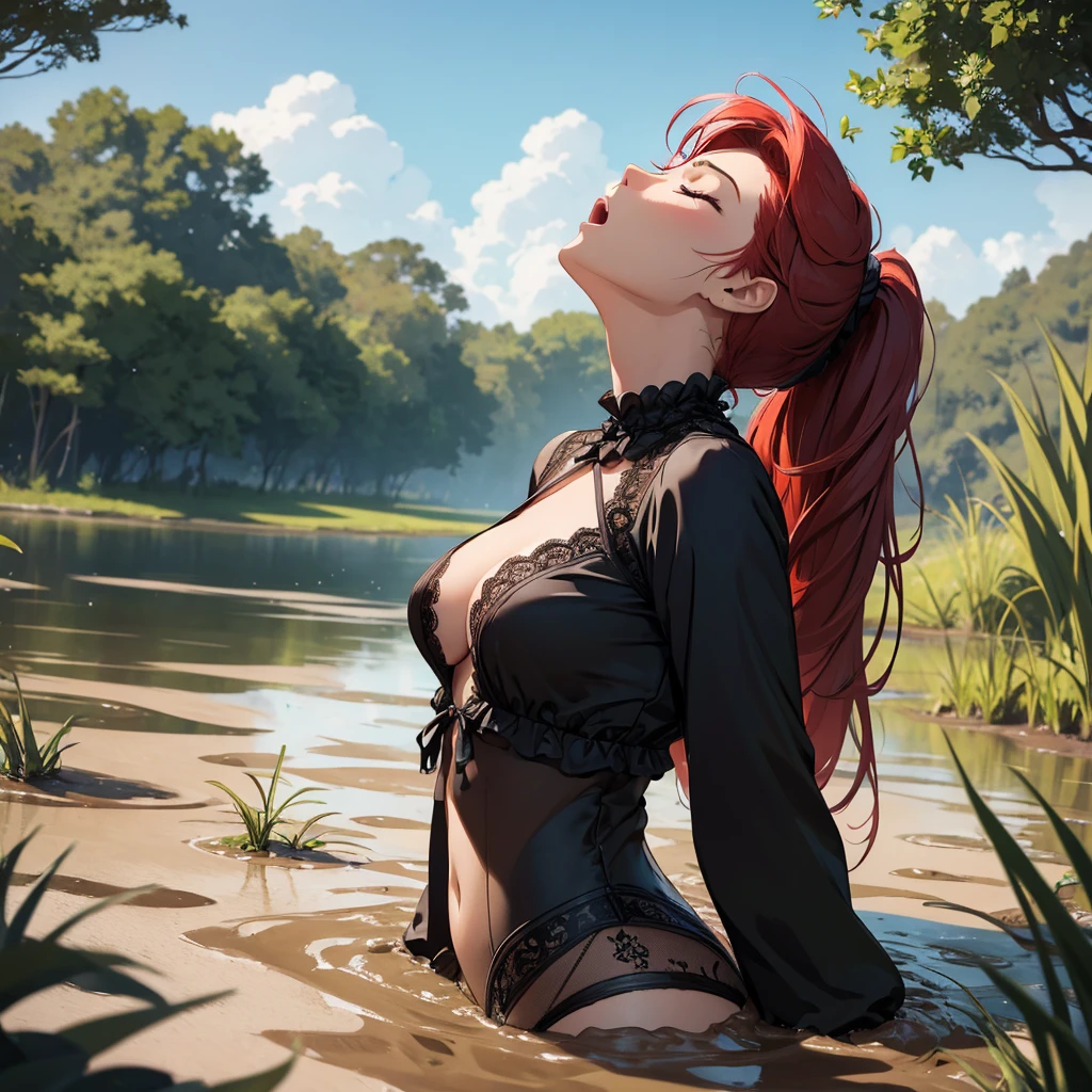 1girl, solo:1.5, masterpiece, best quality, high res, highly detailed, (illustration), beautiful detailed eyes, red hair ponytail, glossy lips, light makeup, orgasm, (looking up to the sky:1.5), (mouth open:1.2), intimate moment, black lacy lingerie, (quicksand:1.4), (submerged up to her torso), (from side:1.4), bog, swamp, grass, trees, (eyes closed:1.3),