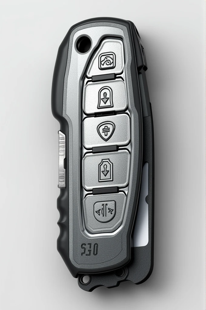An car key like object having pepper spray, knife, sos button, lighter and flash light installed in it
