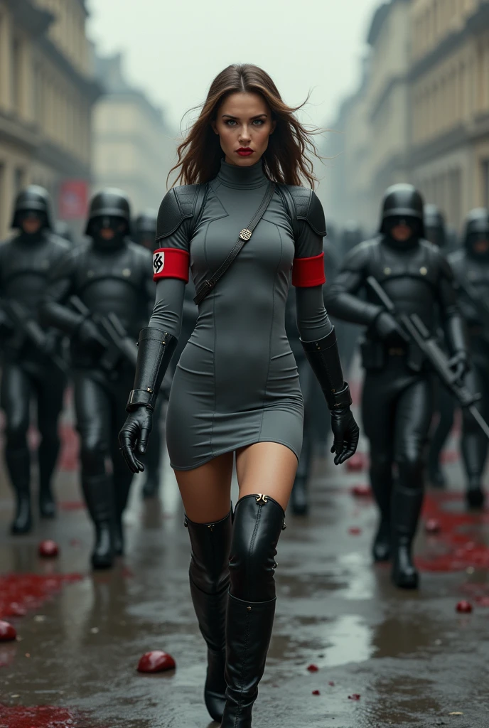 Nazi princess with medium length brown hair, brown eyes, glossy red lips and a skintight gray  athletic dress with thigh high combat boots. A red Nazi swaztika hair pin and armband accessorize her outfit.  She is leading an army of black armored Nazi soldiers into a city to take it over by force.  Bodies lie bloody in the streets.