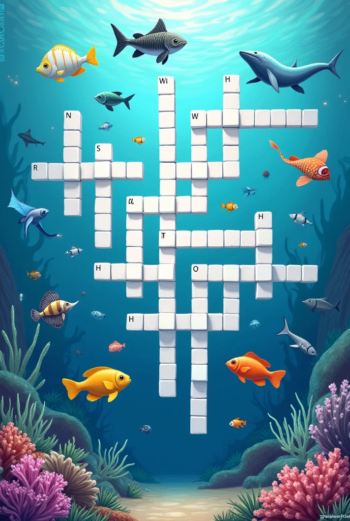 Crossword puzzle of aquatic animals in English, that has 25 words and on one side of the image there are the words that go horizontally and next to them the words that go vertically