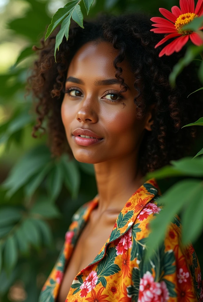 A Brazilian woman in a lush tropical garden, wearing an open shirt with a floral print, with a close-up capturing the harmonious beauty between her breasts and the natural flowers, showing off your natural charm and outgoing personality.