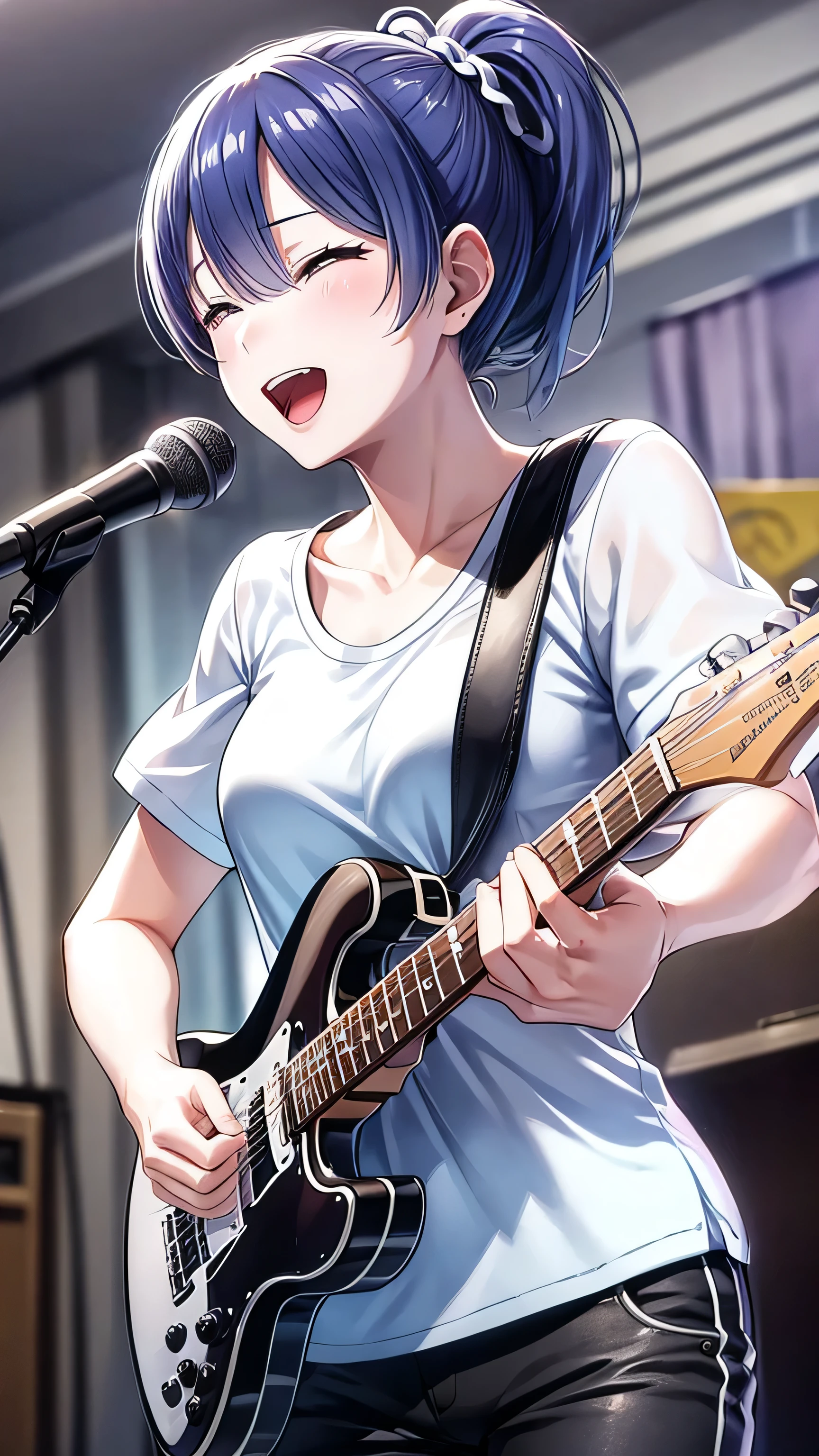 Highest quality、Electric guitar、White T-shirt、ponytail、Black trousers、woman、A lively expression、Enjoying playing