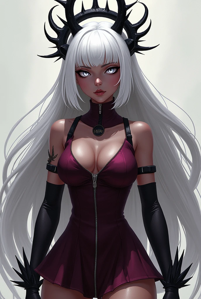 Un personnage féminin avec la peau noir mais la couleur noir, et des cheveux blanc les trait ressorte en blanc pour qu'ont comprennent ont sont les contour puis des épines tout autour de sa tête avec une robe courte rouge bordeaux mais cette femme badass version anime les cheveux long tombant avec une frange les yeux blanc aussi, des épine noir sur tout la tête le visage meme

