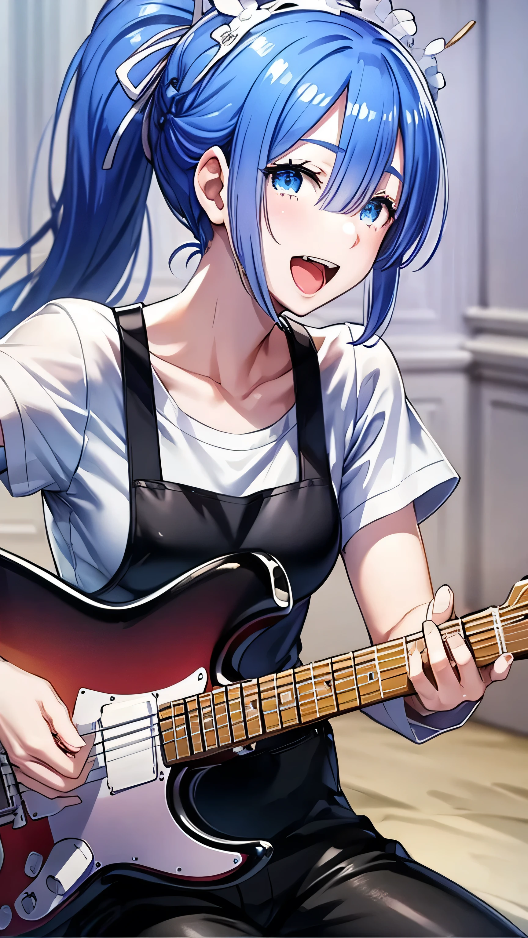 Highest quality、Electric guitar、White T-shirt、ponytail、Black trousers、woman、A lively expression、Enjoying playing