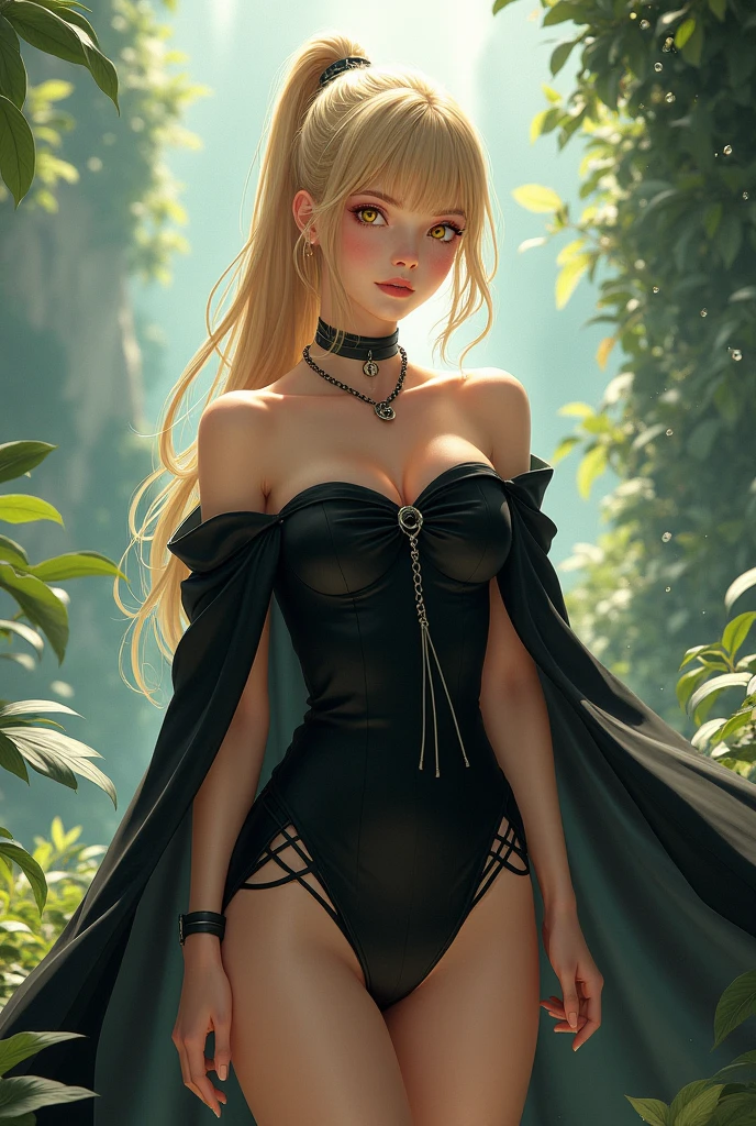 The best of Masterpiece on The Worldwide, the best of landscapes on worldwide, Improved quality, the best of shadow, High quality, Good anatomy, Healthy body, Whole fingers, Normal digits, HD quality image, fantasy, fantasy landscape, beautiful and cute girl, perfect girl, perfect white skin, perfect hairstyle, all perfect hairstyle, beautiful girl, perfect blond hair color, perfect deep blond hair color, perfect all hair accesories, perfect blue color eyes, highlight, perfect view, perfect body, full body( all body like head, nose, mouth, neck, shoulder, arm, hand, hips, thighs, legs, and feet on picture), all body shot, anime, waifu, collar with chain leash, blond hair, ponytail hair, hair bangs, golden eyes, black strapless dress, black cloack, multiviews,